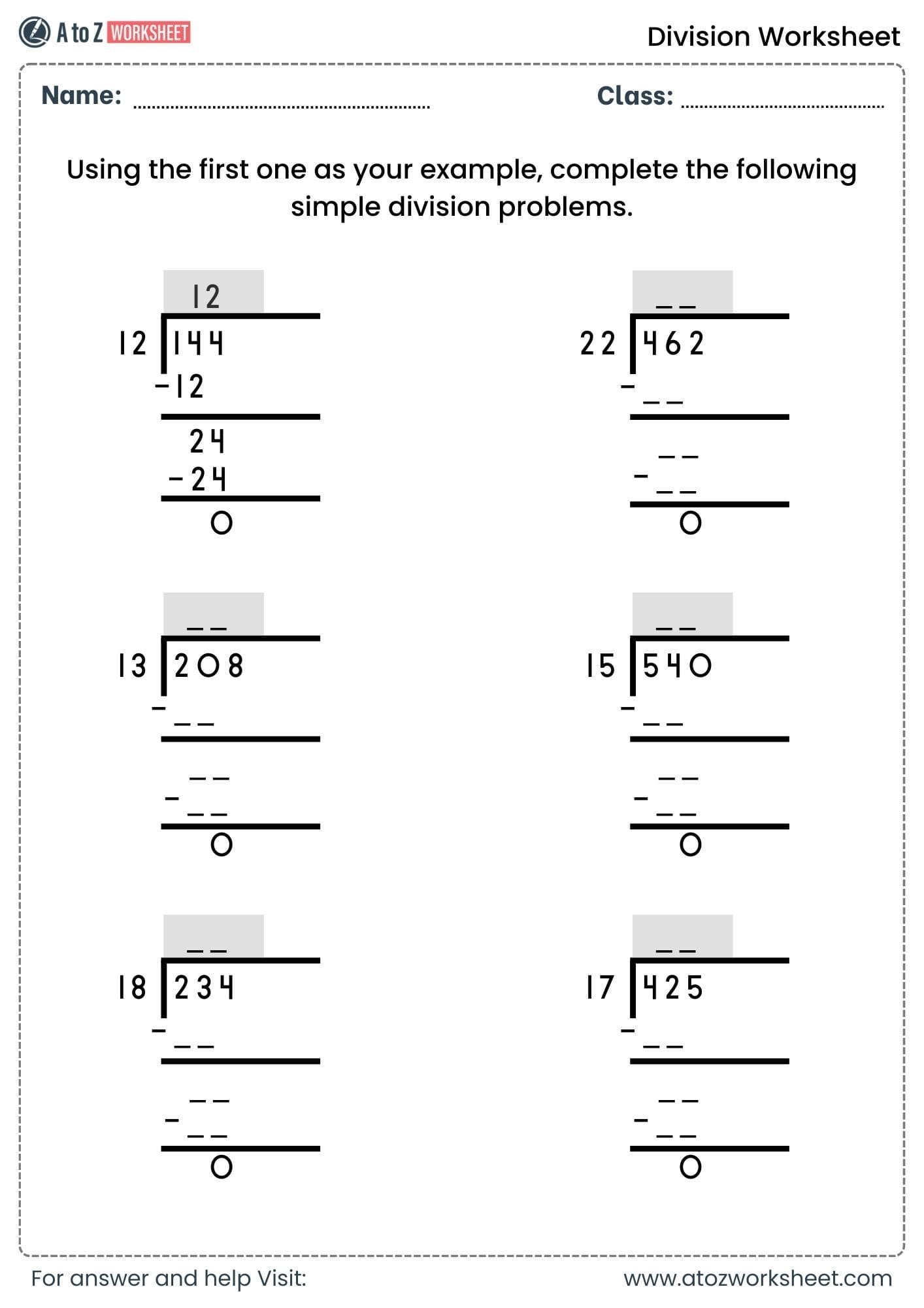 A division worksheet with a worked long-division example and five unfinished problems, plus name and class lines.