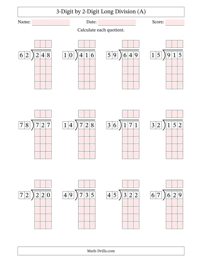 A long-division worksheet titled “3-Digit by 2-Digit Long Division (A),” with twelve problems, blank answer boxes, and shaded work grids.