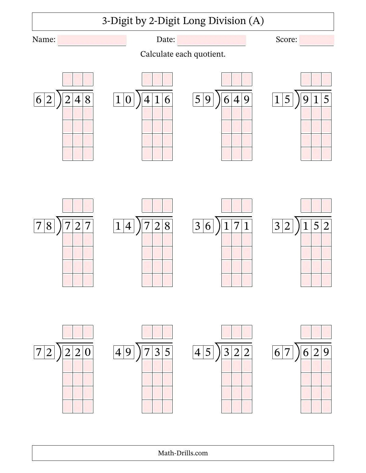 A long-division worksheet titled “3-Digit by 2-Digit Long Division (A),” with twelve problems, blank answer boxes, and shaded work grids.