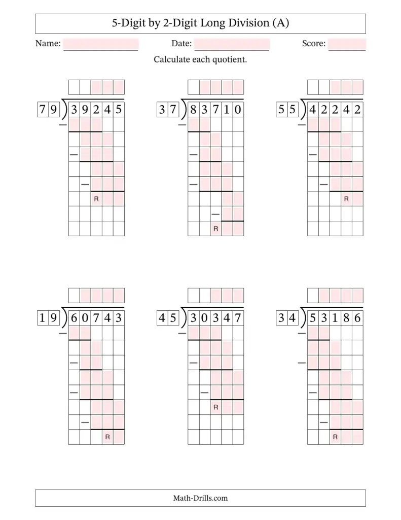 A worksheet titled “5-Digit by 2-Digit Long Division (A)” with six division problems, blank quotient boxes, and grid spaces for working and remainders.