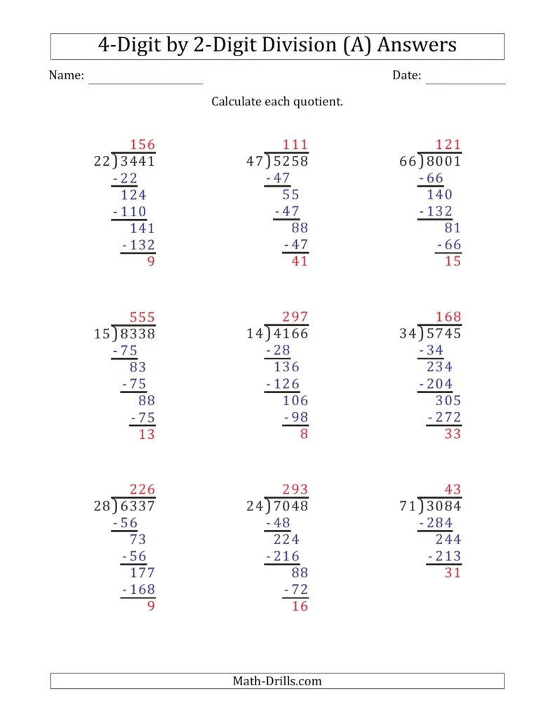 A 4-digit by 2-digit division answer worksheet showing nine long-division problems with step-by-step subtraction and answers in red.