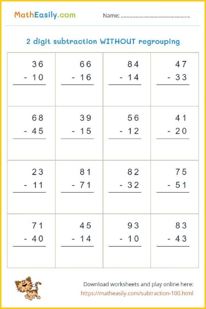 A two-digit subtraction worksheet without regrouping, arranged in a four-by-four grid of vertical subtraction problems with blank answer lines.