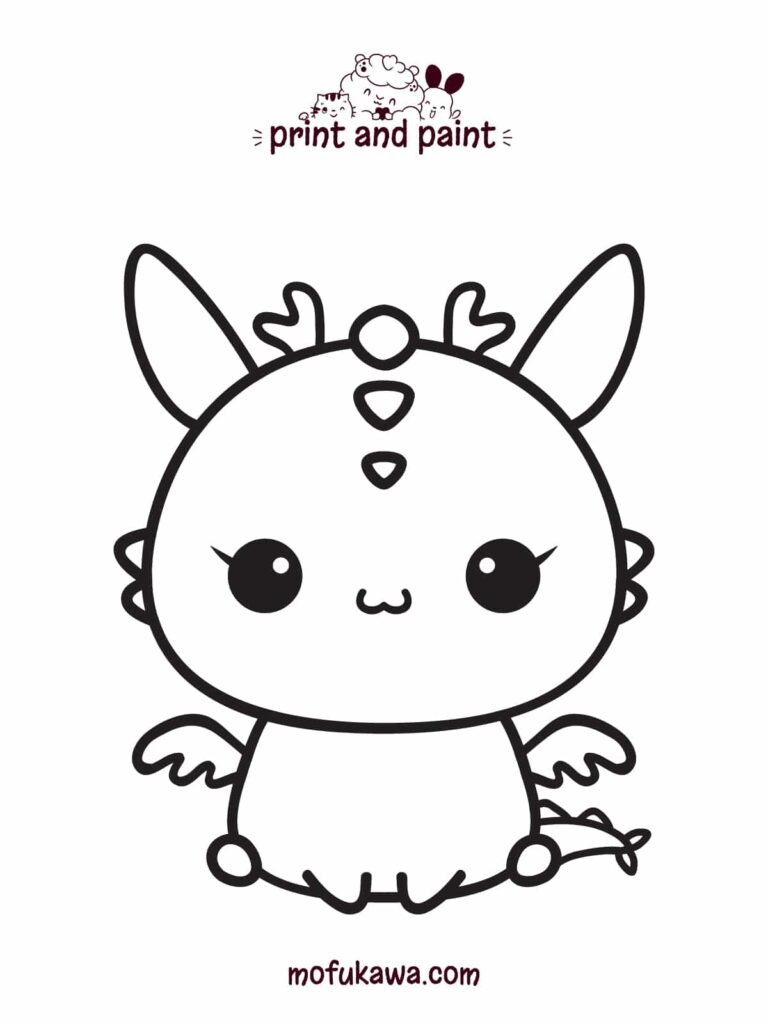 A cute dragon coloring-page outline with large eyes, upright ears, small wings, and a curled tail.