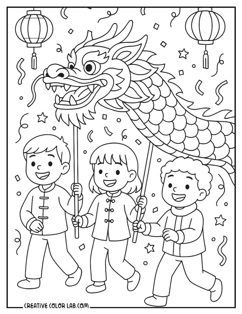 A black-and-white coloring page shows three children carrying a festive dragon beneath hanging lanterns, surrounded by stars and confetti.