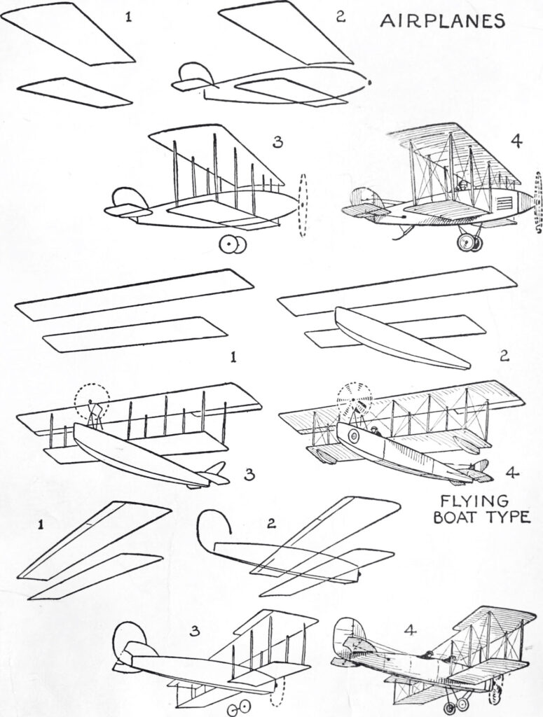An instructional diagram with numbered steps for drawing several airplanes, including a biplane and a flying boat, from basic shapes to finished aircraft.