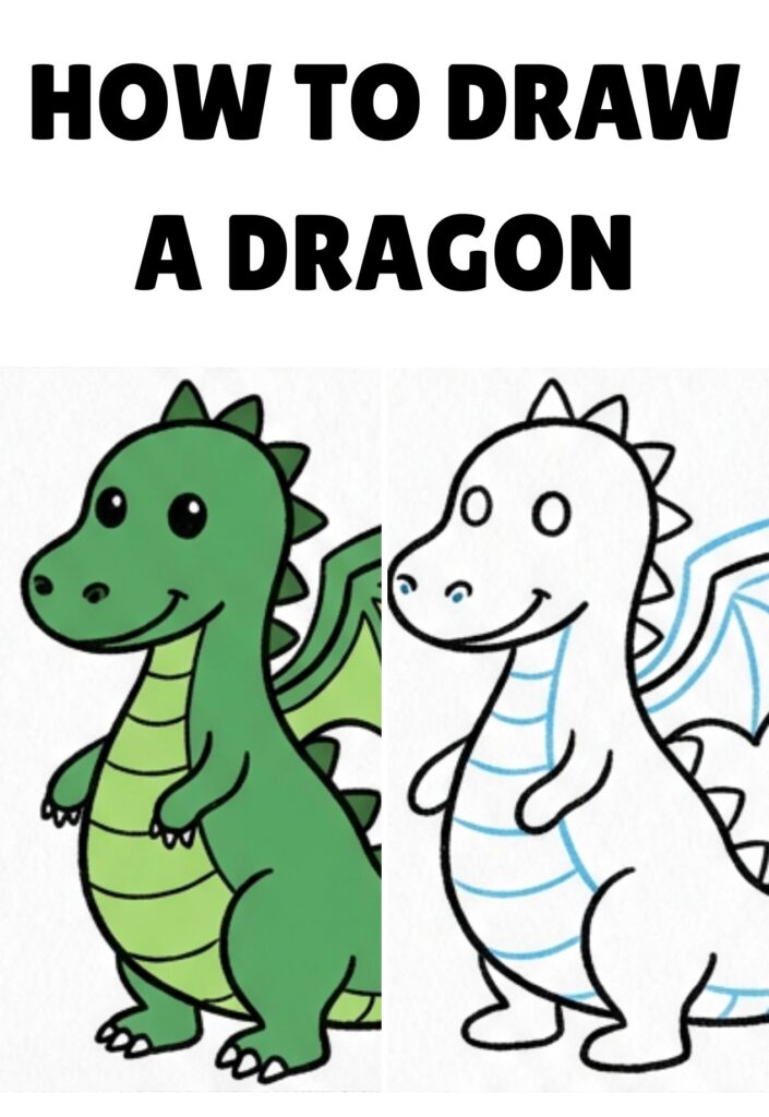 A cute cartoon dragon shown in a finished green version beside its uncolored outline, with back spikes, a striped belly, and a curled tail.
