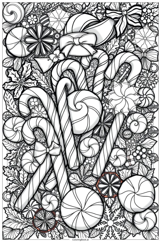 A detailed holiday coloring page with striped candy canes, wrapped candies, flowers, leaves, and snowflakes.