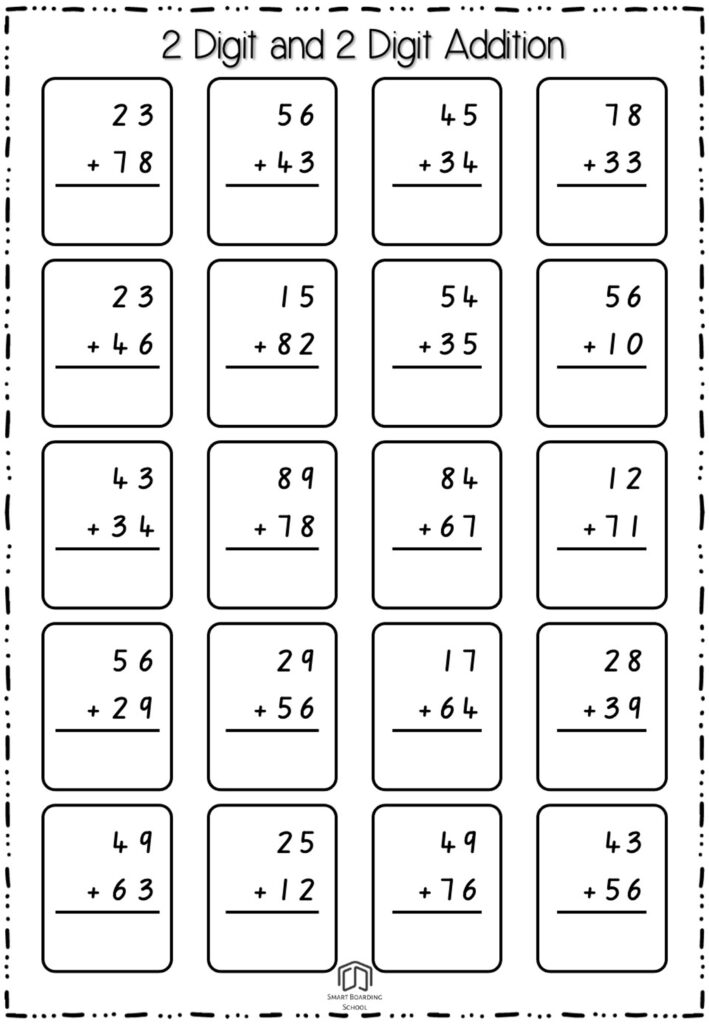 A worksheet titled “2 Digit and 2 Digit Addition,” with five rows of two-digit addition problems in individual boxes, each with a blank answer area.