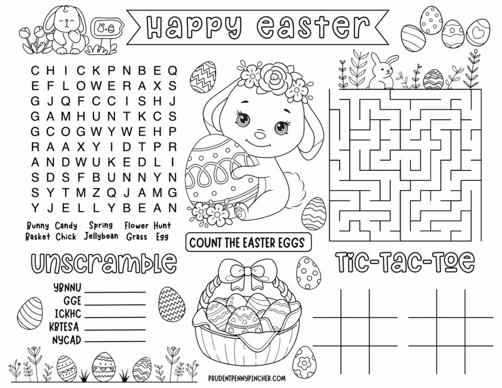Black-and-white Easter activity worksheet featuring a word search, unscramble puzzle, bunny-and-egg counting illustration, maze, tic-tac-toe grids, and decorated eggs.