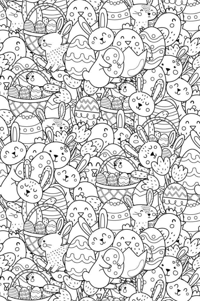 A dense Easter coloring page filled with outline drawings of smiling rabbits, patterned eggs and baskets.
