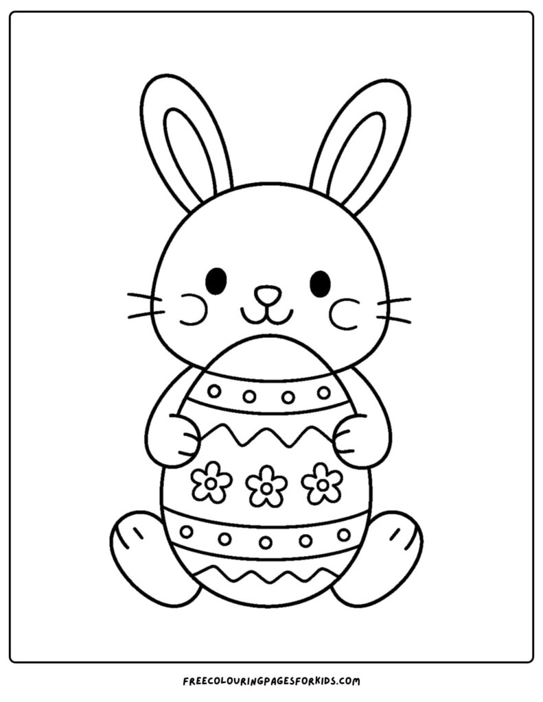 A cute rabbit holds a large decorated Easter egg with flowers, dots, and zigzag bands, ready to color.