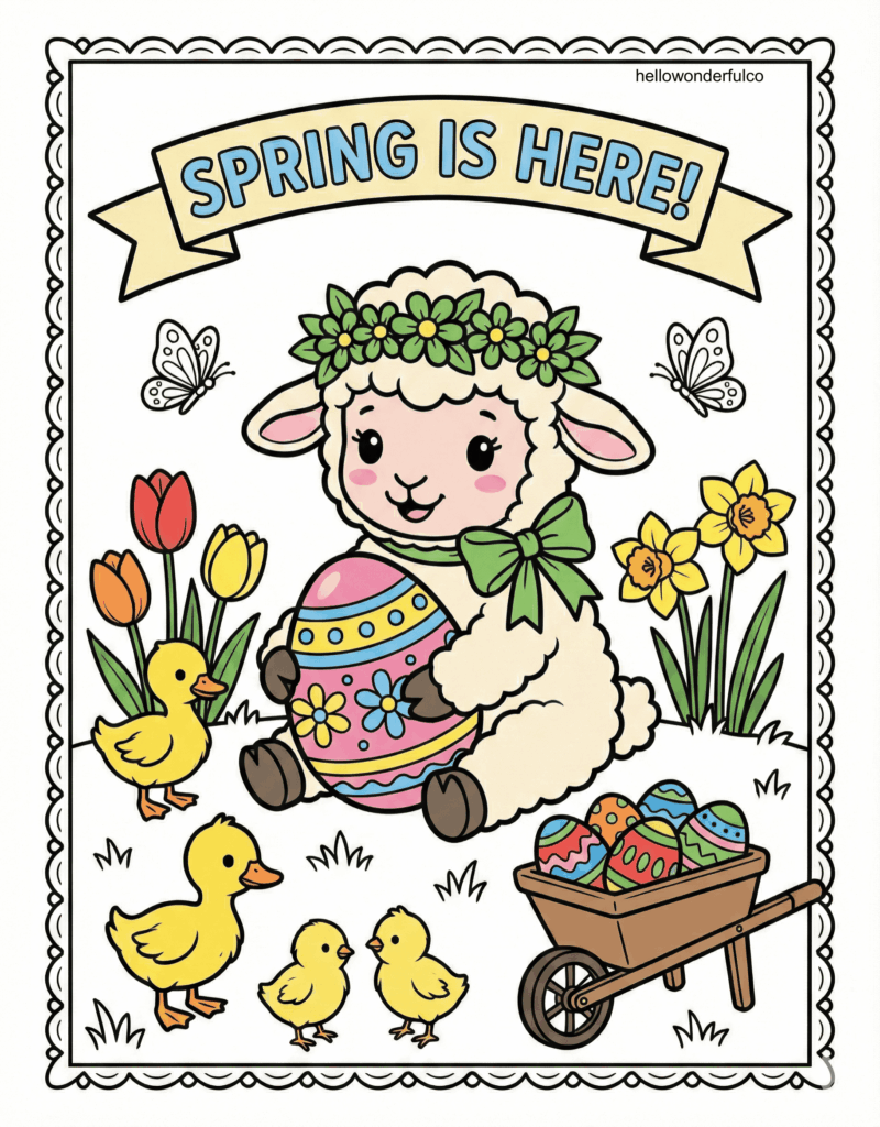 A spring coloring page shows a lamb holding a decorated Easter egg, ducklings, flowers, butterflies, and a wheelbarrow filled with colorful eggs beneath a “Spring Is Here!” banner.