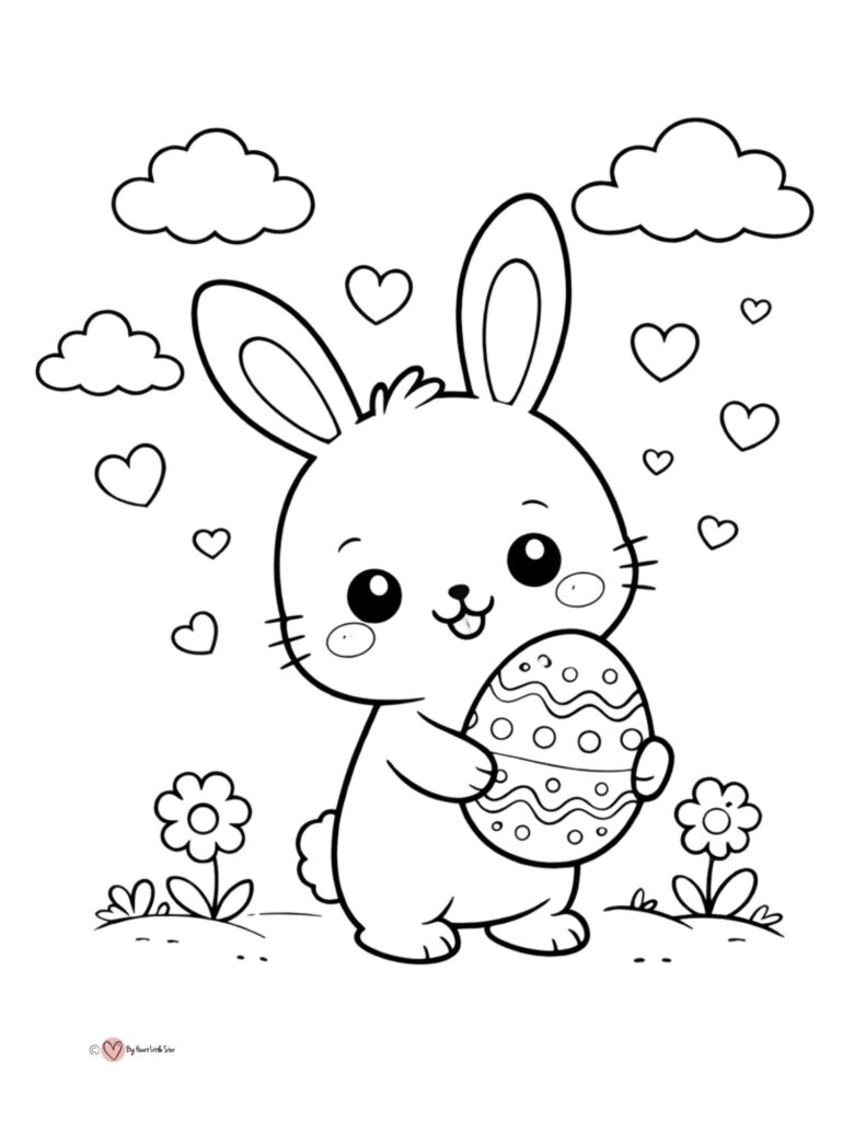 Black-and-white coloring page of a smiling bunny holding a patterned Easter egg, surrounded by hearts, clouds, and flowers.