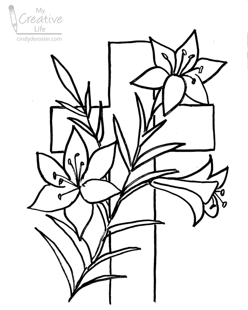 Black-and-white line drawing of flowers and foliage arranged over a large cross.