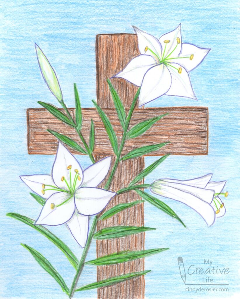 Colored-pencil drawing of a brown cross surrounded by white lilies and green foliage against a blue background.