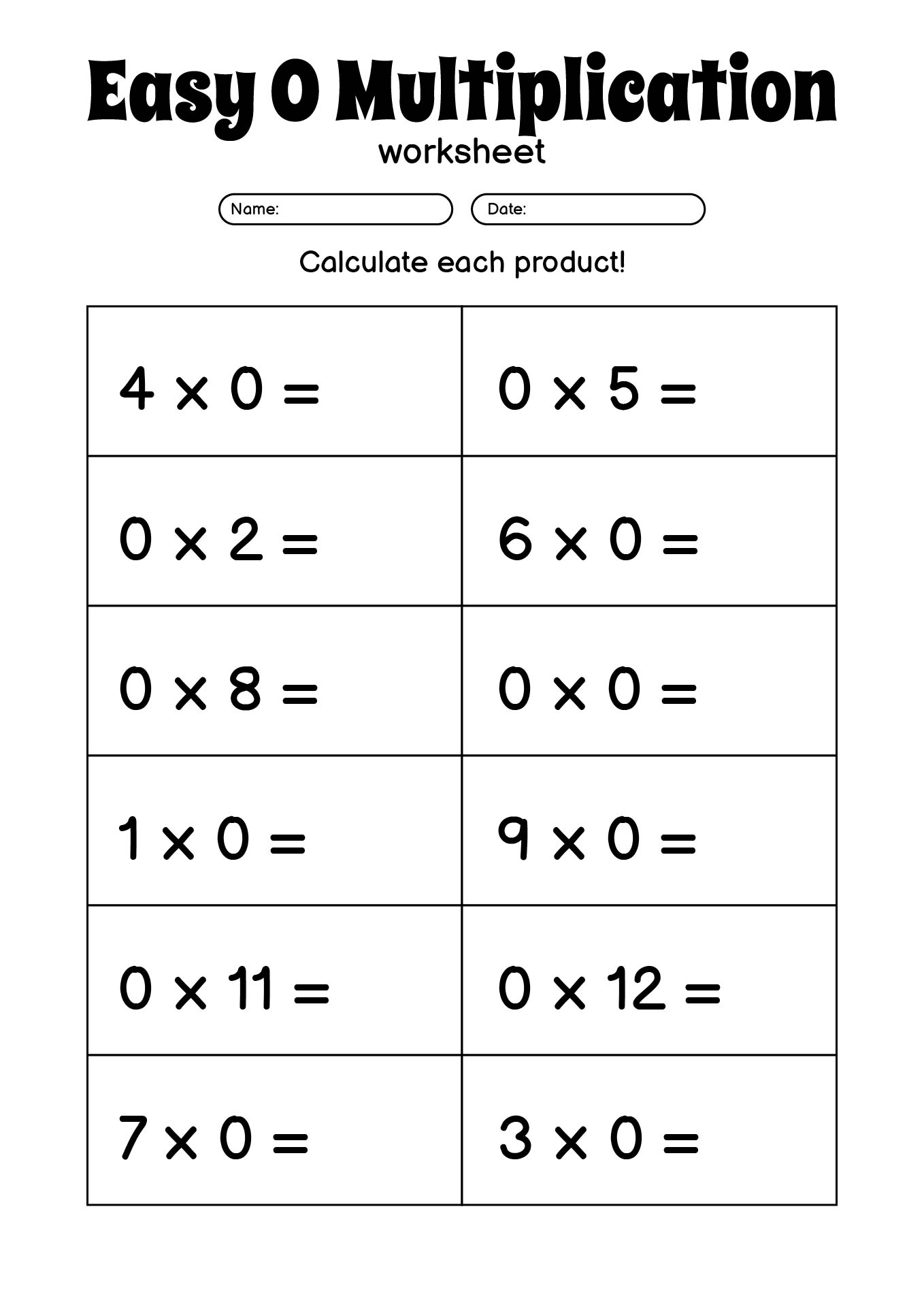 An “Easy 0 Multiplication” worksheet asks students to calculate products in a two-column grid of multiplication problems involving zero.