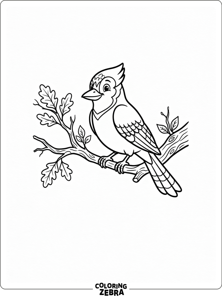 Black-and-white coloring page of a large bird perched on a leafy branch, with open areas to color.