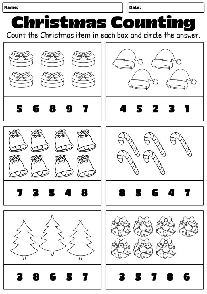 Christmas counting worksheet with six boxed activities featuring presents, Santa hats, bells, candy canes, trees, and wreaths, each followed by number choices.