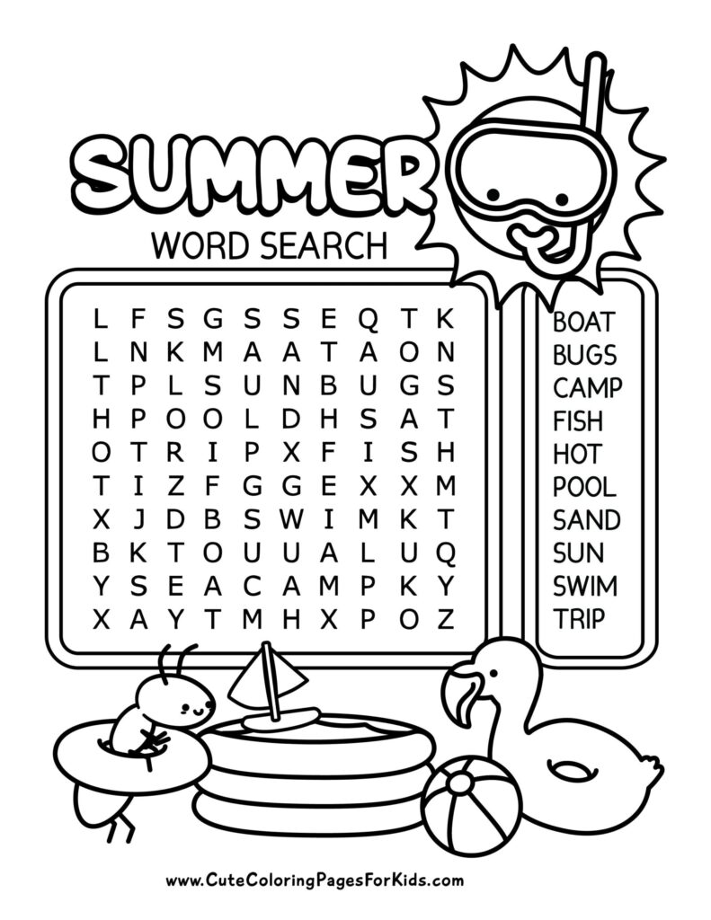 A summer word-search worksheet with a letter grid and a list of words including boat, bugs, camp, fish, pool, sand, sun, swim and trip, surrounded by playful summer illustrations.