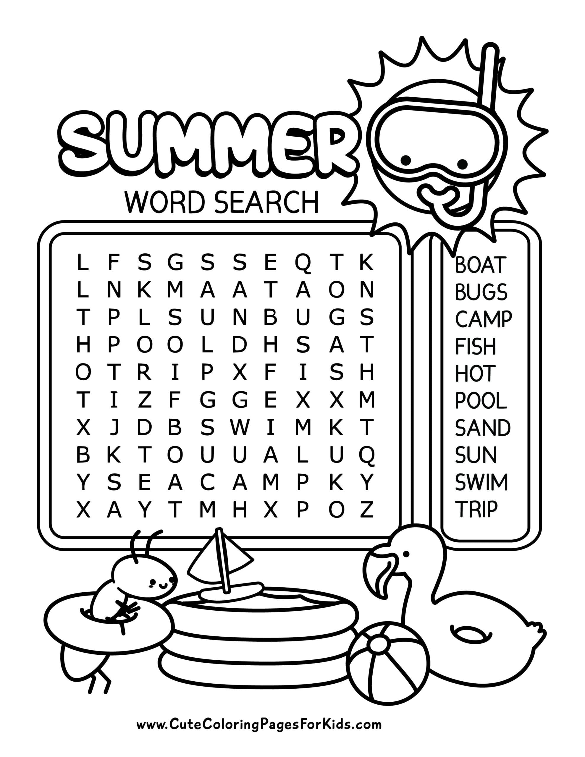 Summer word-search worksheet with a letter grid, a list of beach and vacation words, and line-art illustrations of a snorkeler, pool, sailboat, and inflatable flamingo.