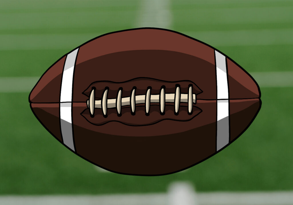 A cartoon-style brown football with white end stripes and prominent laces, shown against a green field.