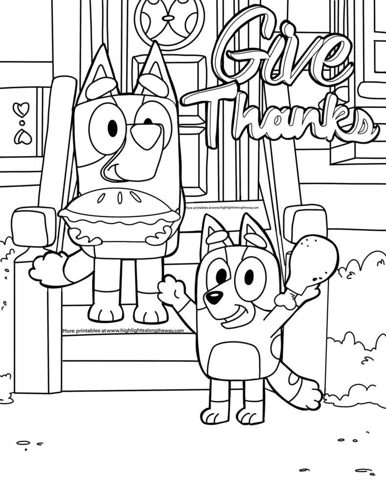 Black-and-white Thanksgiving coloring page showing two cartoon characters outside a house, with one holding a turkey leg and large “Give Thanks” lettering.