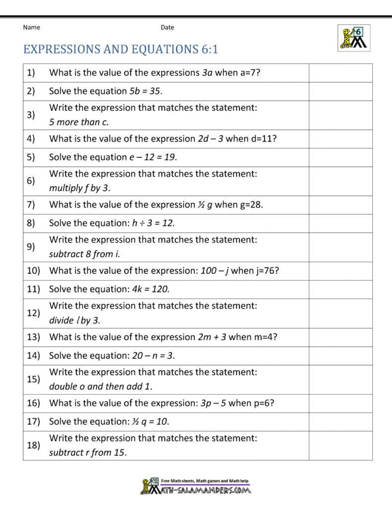 A worksheet titled “Expressions and Equations 6:1” presents 18 problems on evaluating expressions, solving equations, and translating verbal statements into algebraic expressions, with blank answer spaces.