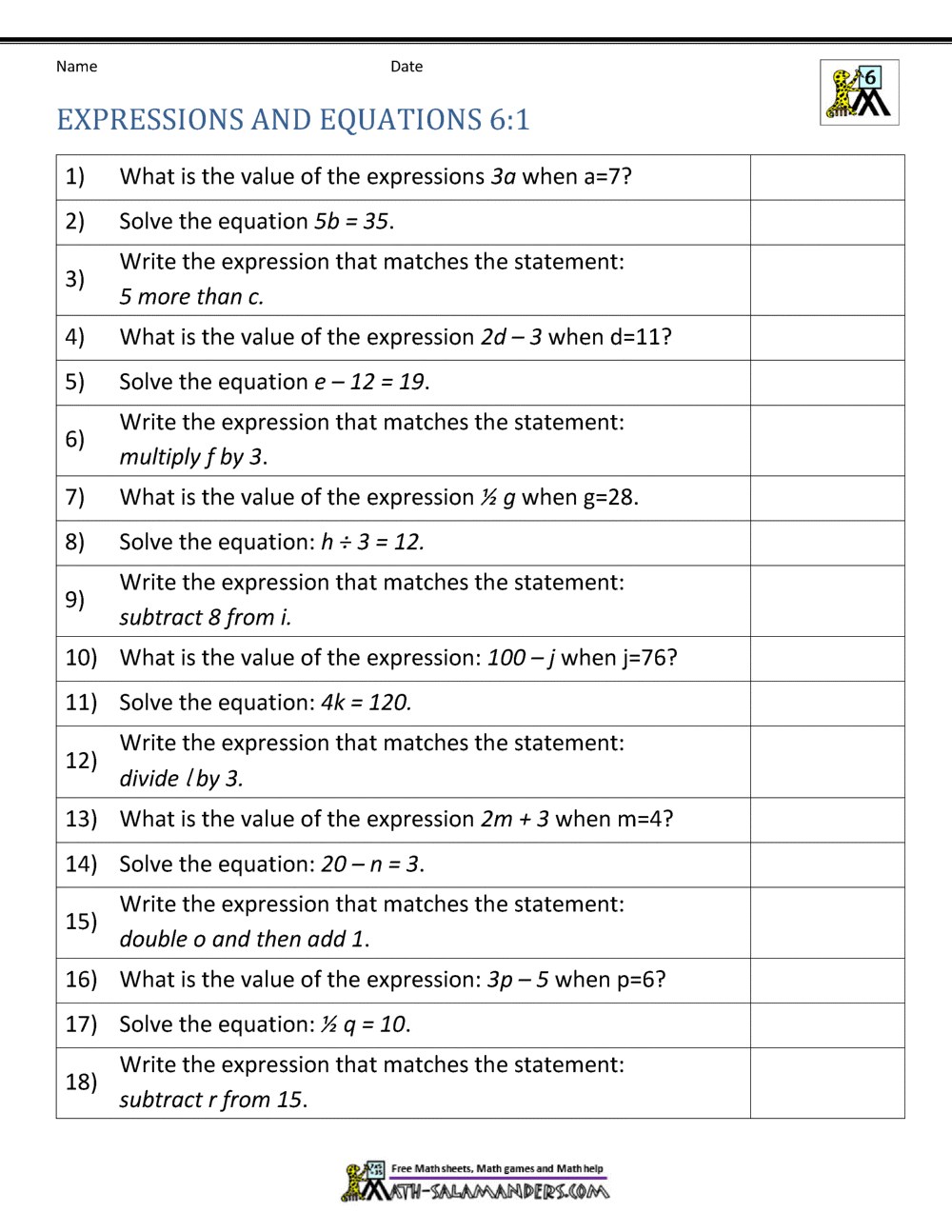 A worksheet titled “Expressions and Equations 6:1” presents 18 problems on evaluating expressions, solving equations, and translating verbal statements into algebraic expressions, with blank answer spaces.