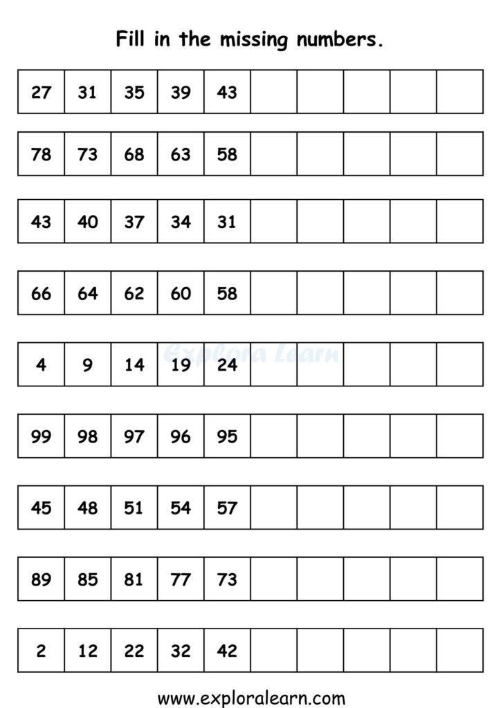 A worksheet titled “Fill in the missing numbers” shows nine number-sequence rows with several empty boxes to complete. The sequences increase or decrease by different amounts.