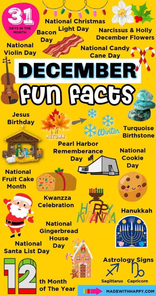 Bright yellow December facts poster with the month title and illustrations for Christmas, Hanukkah, Kwanzaa, winter, holidays, and December observances.