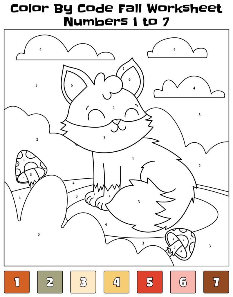 Fall color-by-number worksheet featuring an uncolored cat among clouds and mushrooms, with numbered regions and a seven-color key.