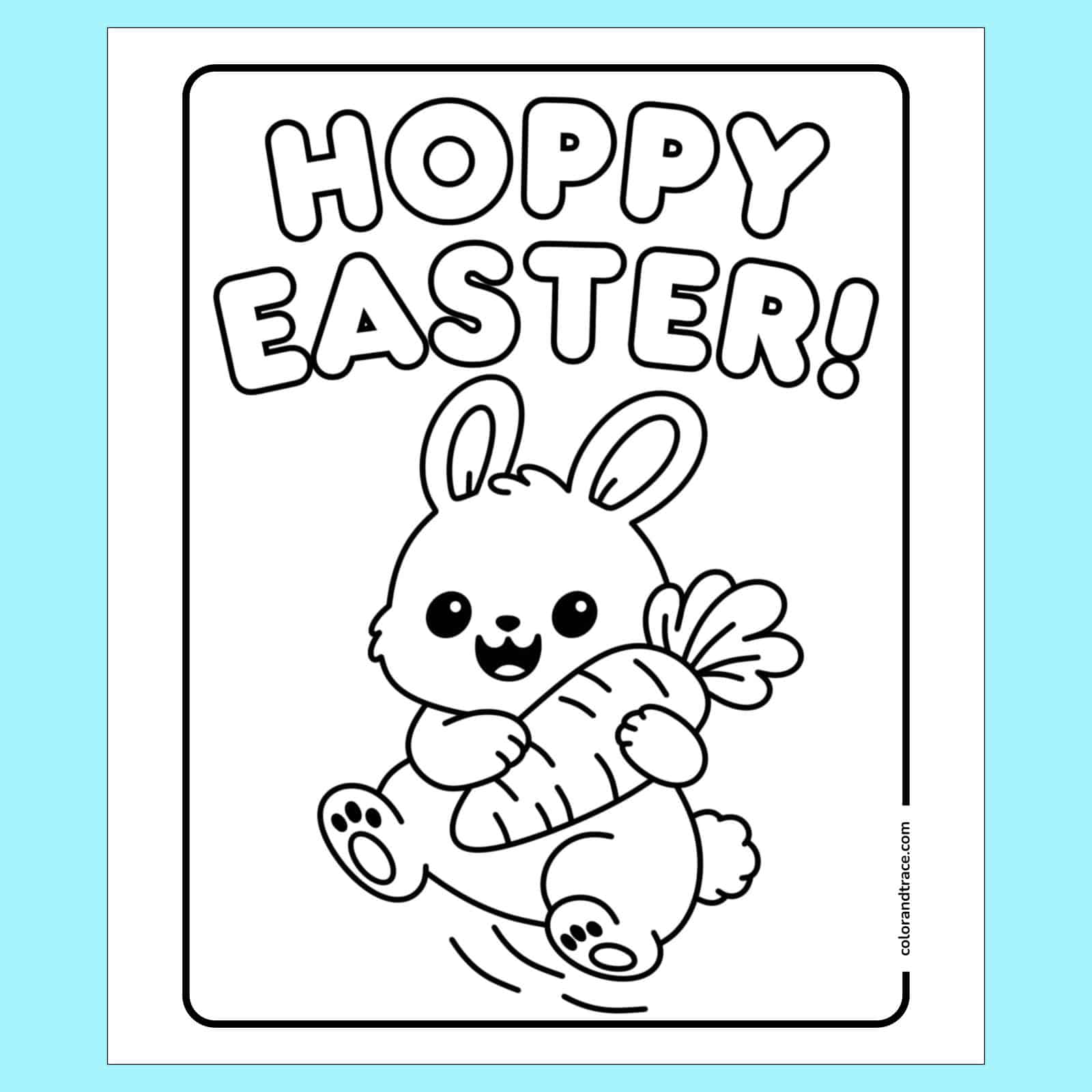 Easter coloring page with a smiling bunny holding a carrot beneath large “Hoppy Easter!” lettering.