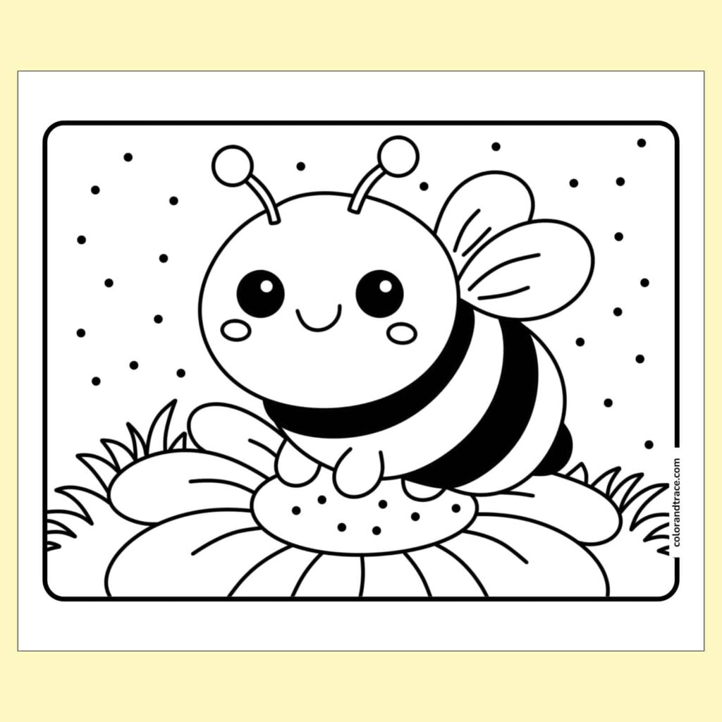 A smiling cartoon bee with striped body and wings sits on a flower, surrounded by grass and dots, in a black-and-white coloring-page outline.