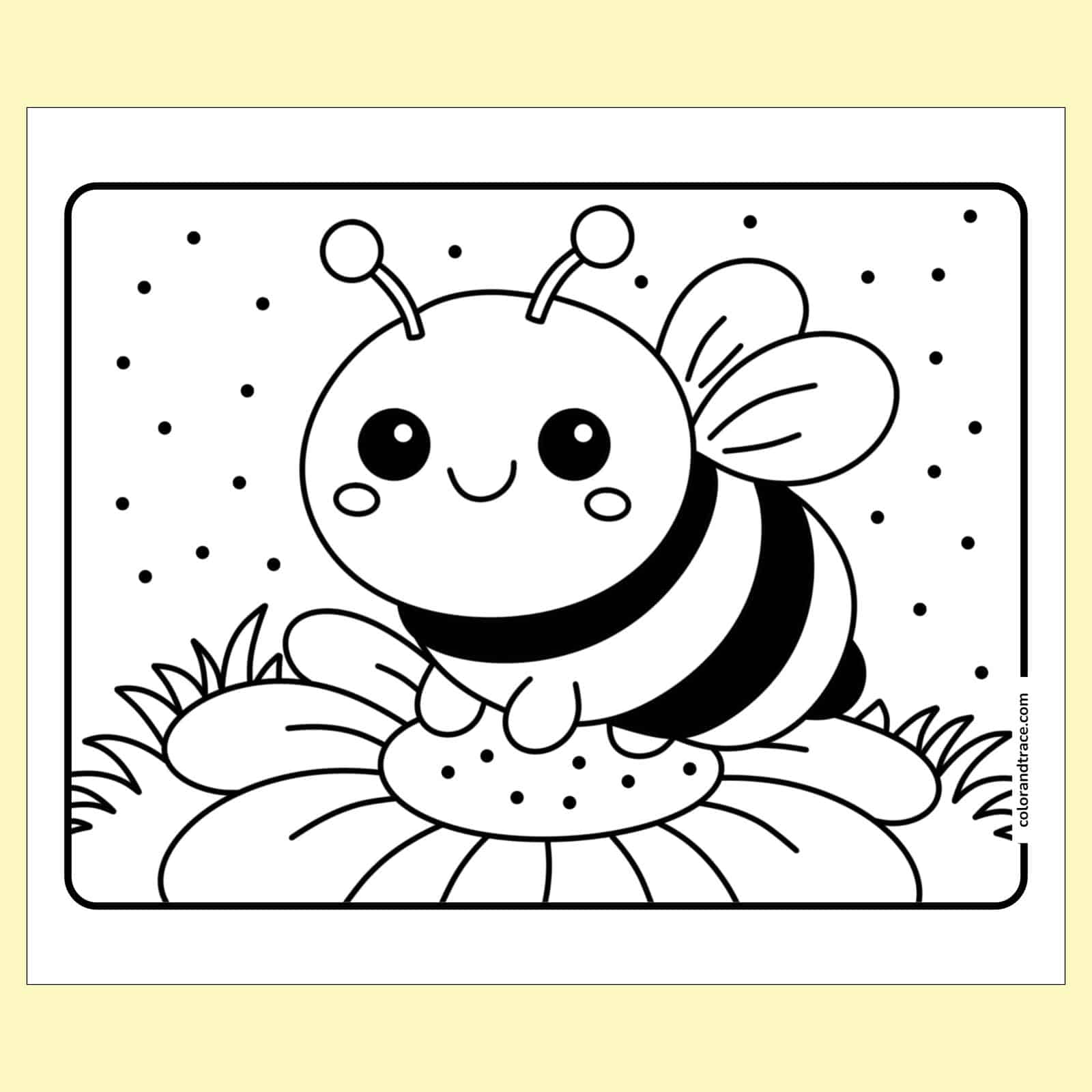 A smiling cartoon bee with striped body and wings sits on a flower, surrounded by grass and dots, in a black-and-white coloring-page outline.