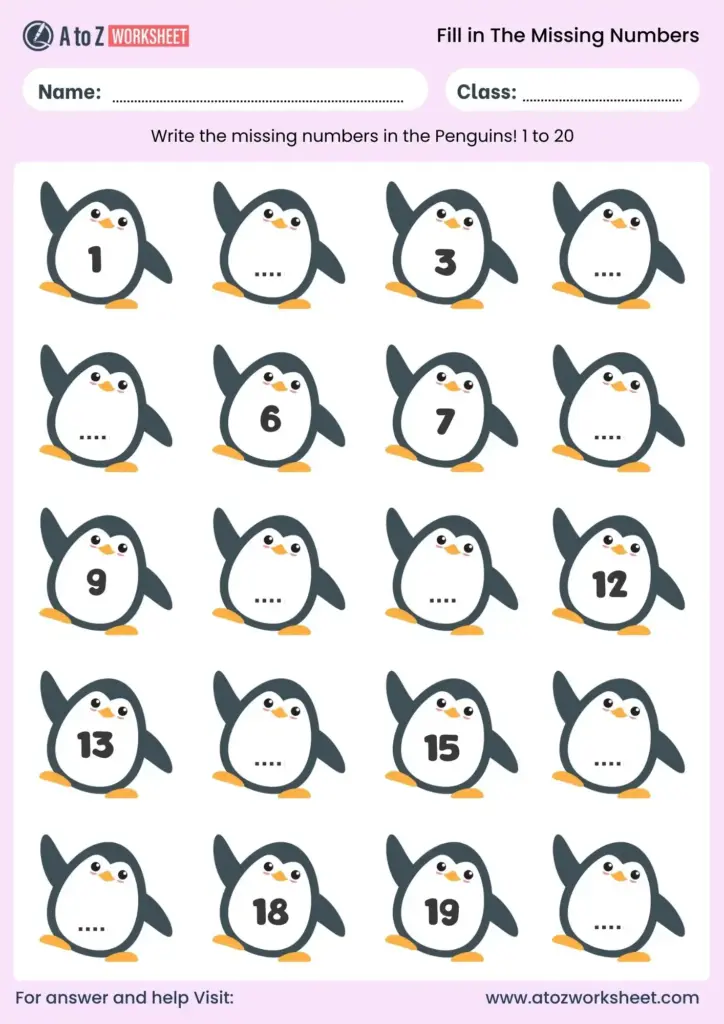 A penguin-number worksheet with blanks in a 1-to-20 sequence. Students fill in the missing numbers shown among numbered penguin illustrations.