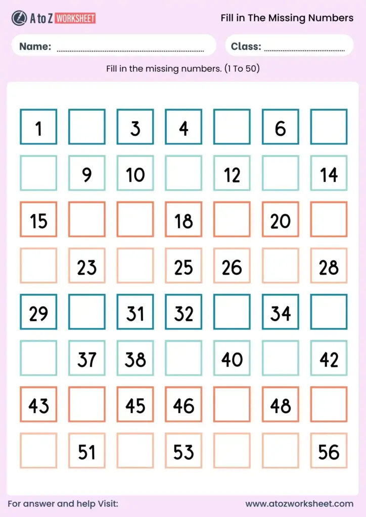 A number-sequence worksheet with a grid of numbered and blank boxes. Students fill in missing numbers; the instruction says the range is 1 to 50.