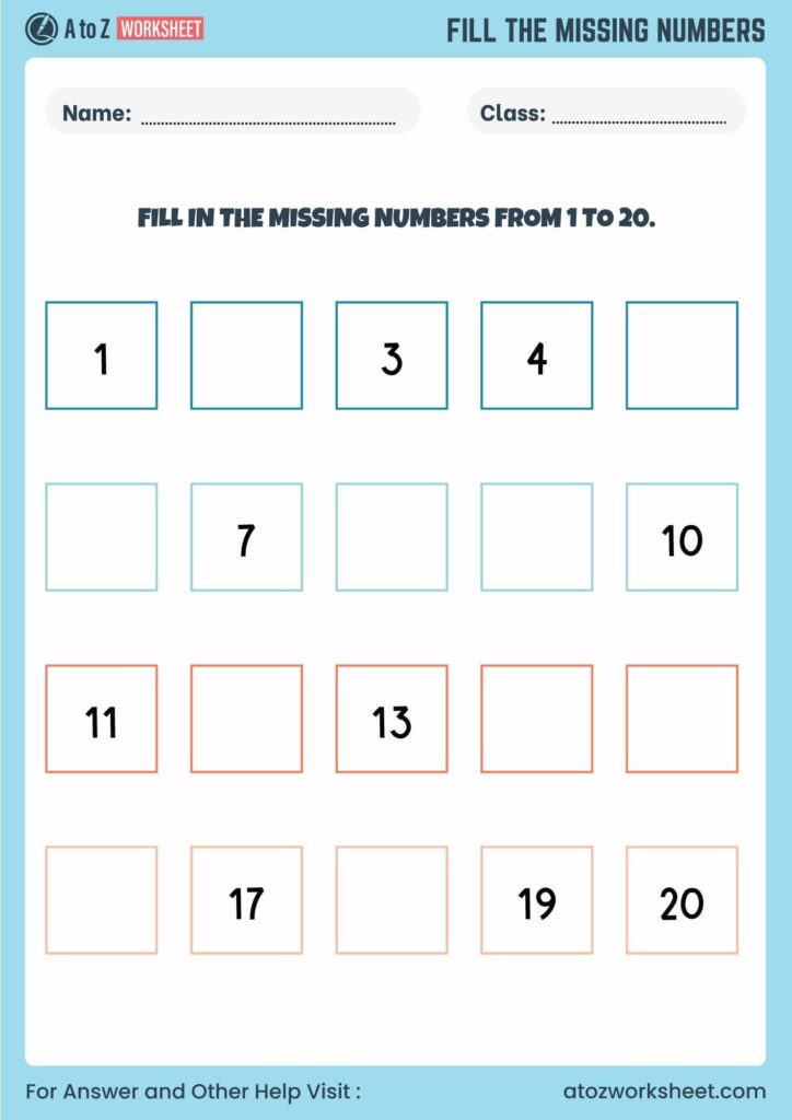 A number-sequencing worksheet with a four-by-five grid of boxes, some filled with numbers from 1 to 20 and others left blank.