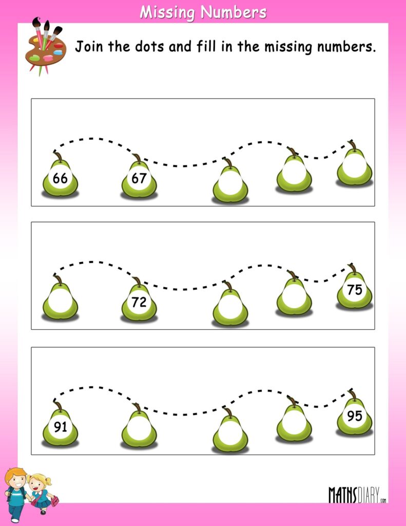 A “Missing Numbers” worksheet asks students to join the dots and fill in number sequences shown on pears, with some numbers left blank.