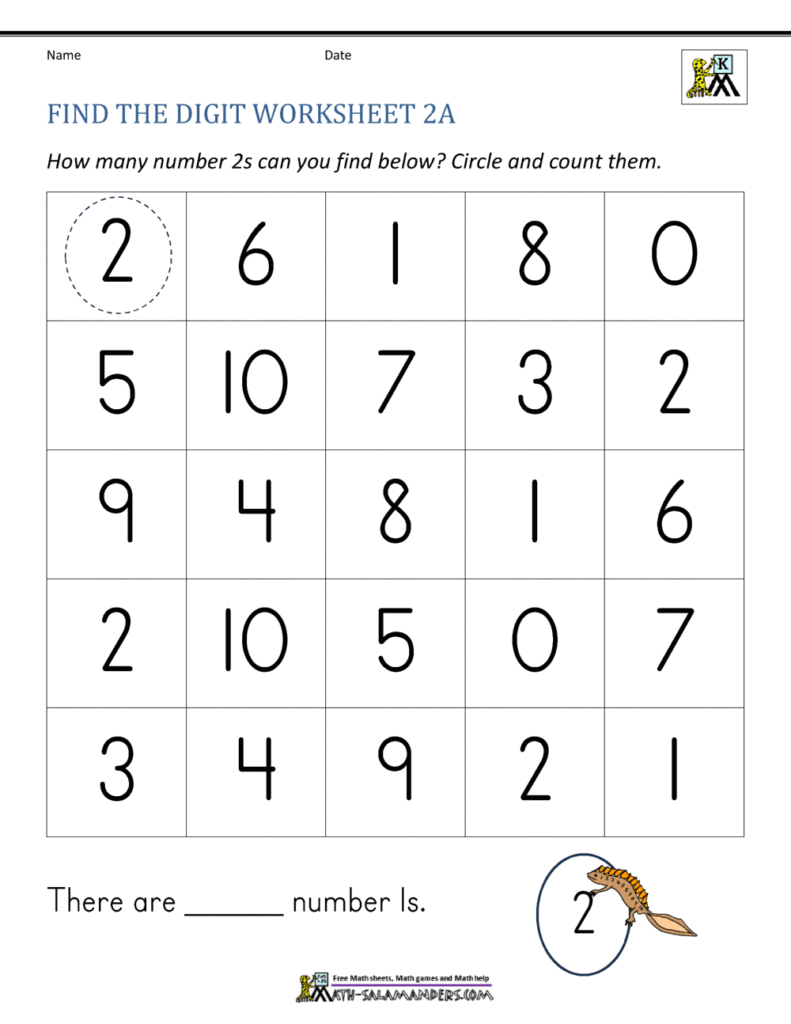 A number-finding worksheet with a five-by-five grid of digits and instructions to circle and count the 2s. One 2 is circled as an example.
