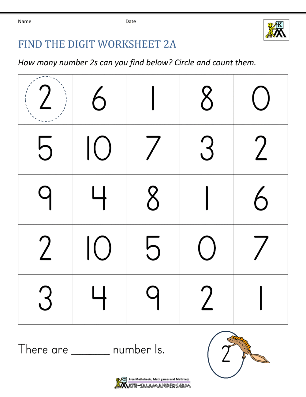 A number-finding worksheet asks students to circle and count the 2s in a five-by-five grid of digits, with a circled example and a blank for the total.