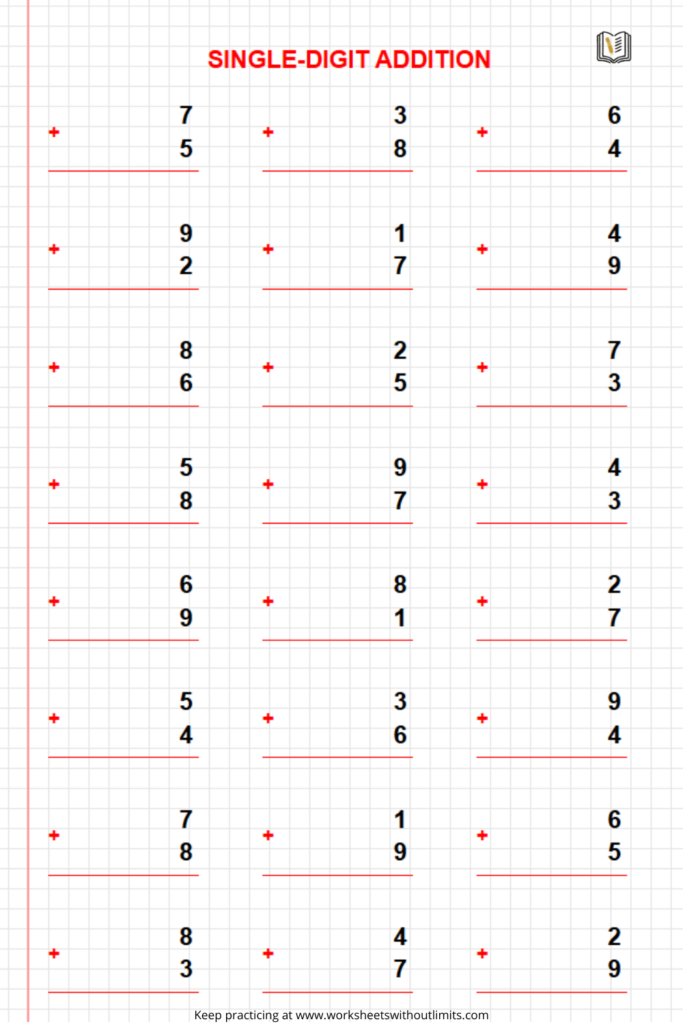 A single-digit addition worksheet with a red title and 27 vertical addition problems arranged in three columns on graph paper, each with a blank answer line.