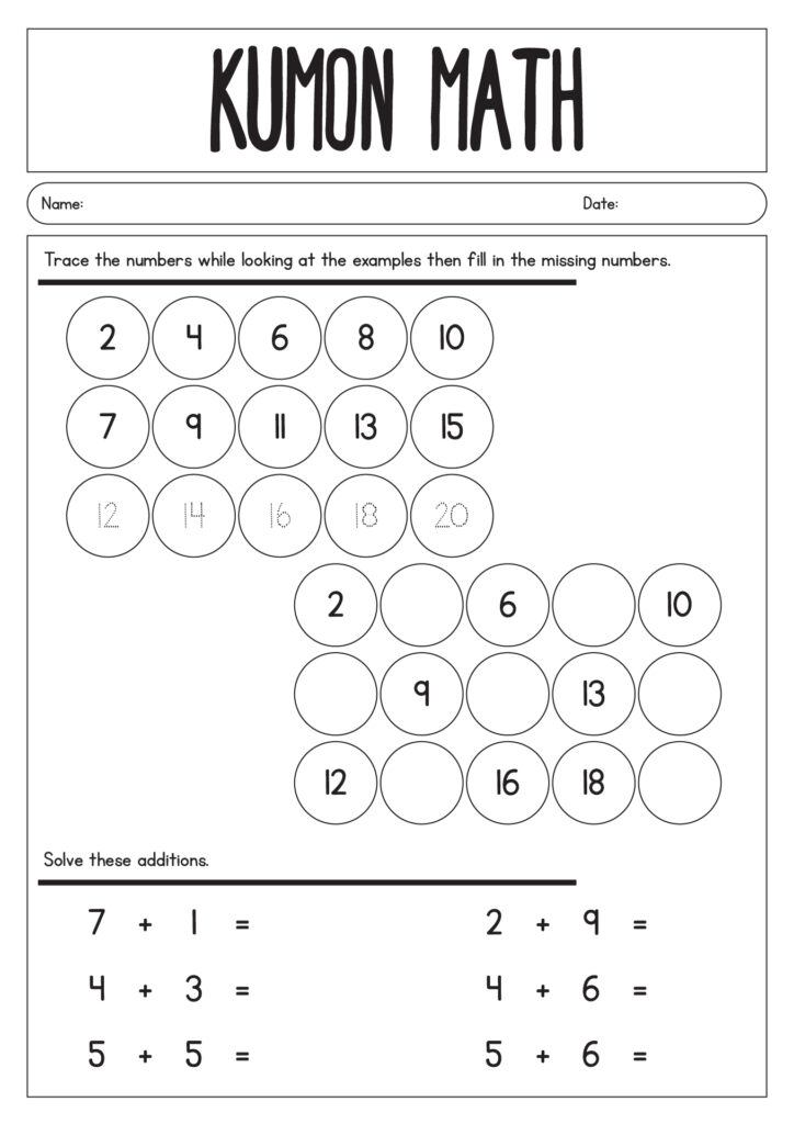 A Kumon Math worksheet with tracing and filling in number sequences, followed by simple addition problems.