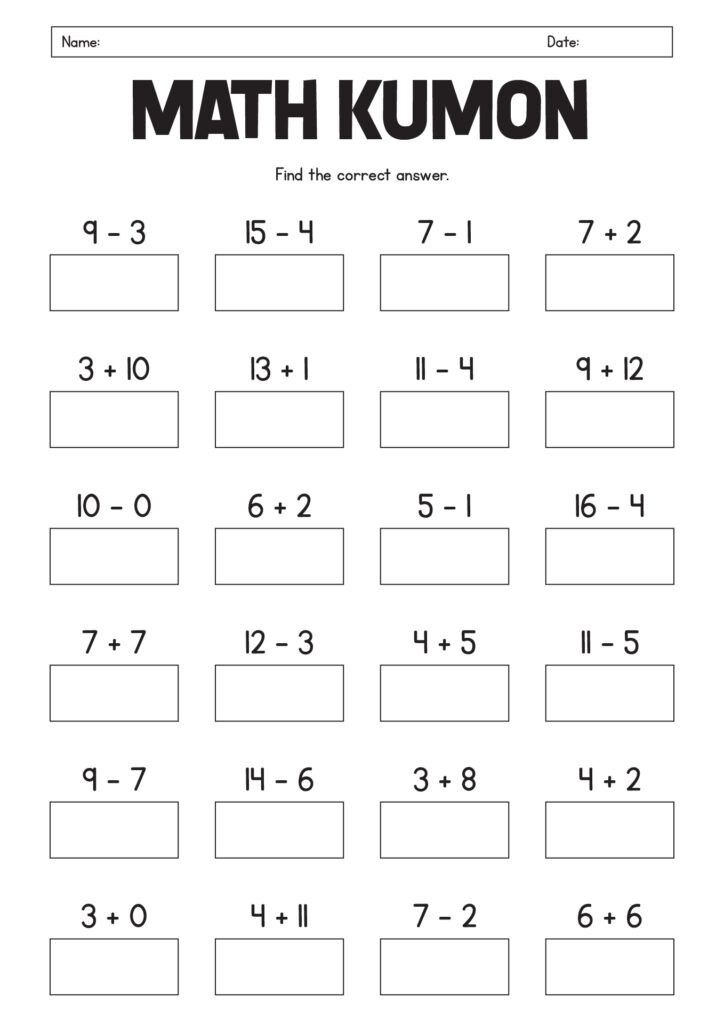 A Math Kumon worksheet with rows of addition and subtraction problems, each followed by an empty box for an answer.