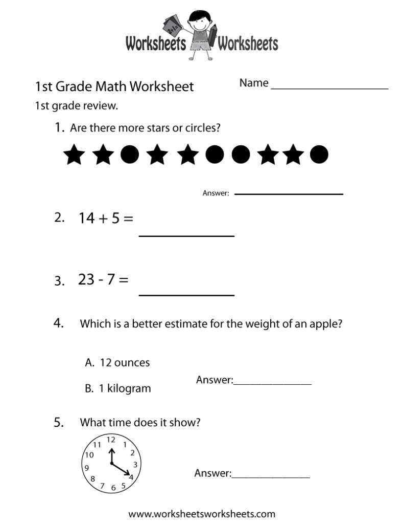 A first-grade math review worksheet with star-and-circle counting, addition and subtraction problems, an apple-weight estimate question, and a clock-reading exercise.