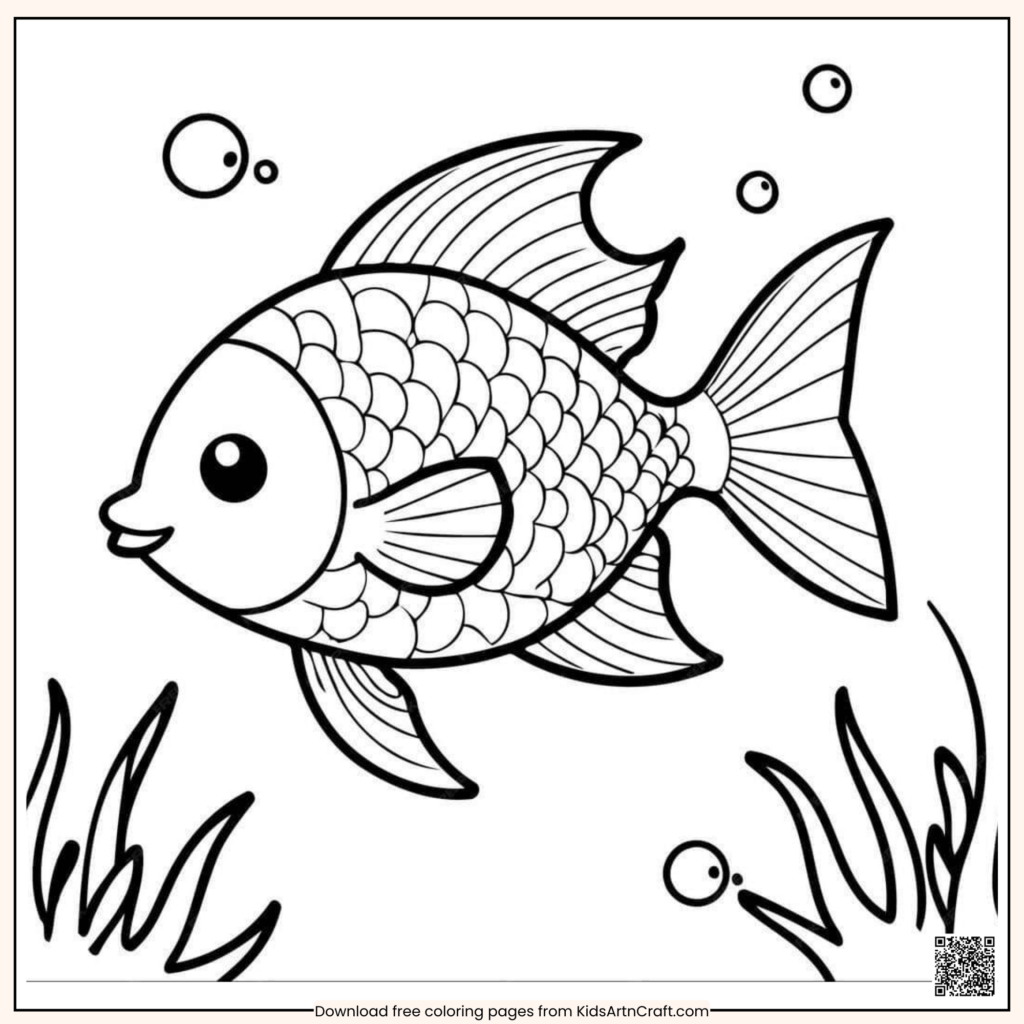 Underwater coloring page with a large smiling, scaled fish, bubbles, and seaweed.