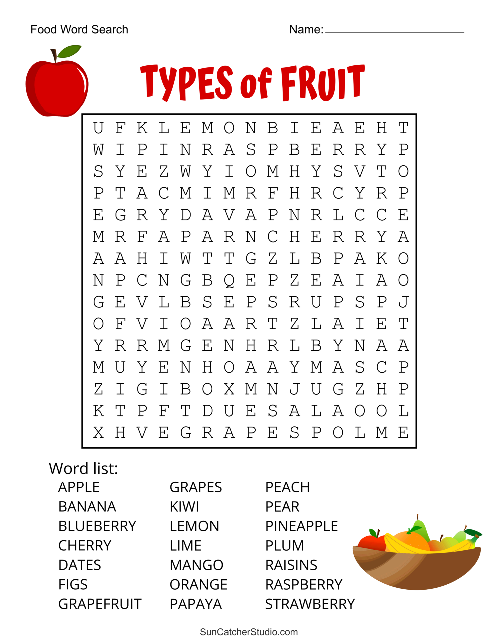 Fruit word-search worksheet titled “Types of Fruit,” with a letter grid, a list of fruit names, an apple illustration, and a bowl of fruit.