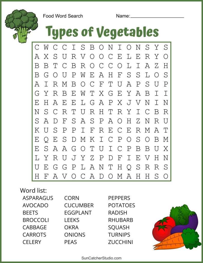 A vegetable word-search worksheet titled “Types of Vegetables,” with a letter grid, a word list, and vegetable illustrations.