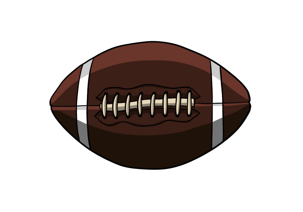 A simple cartoon drawing of a brown American football with white end stripes and pale laces.