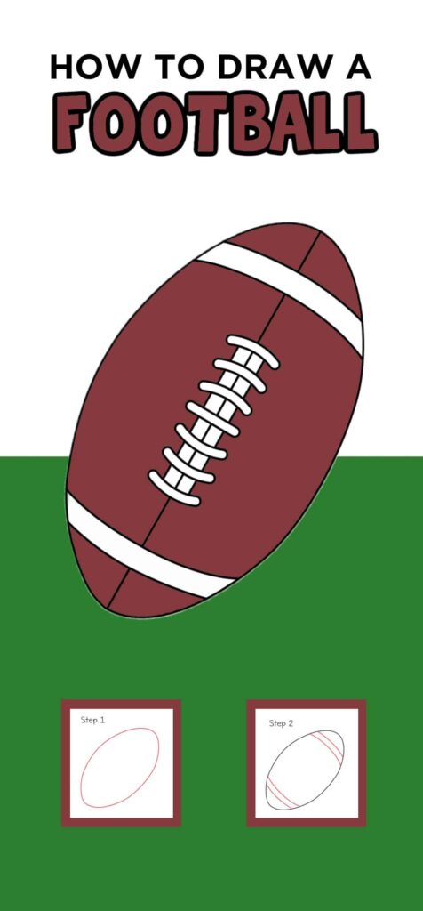 A large maroon football with white bands and laces above two small step-by-step sketches showing its outline and details.