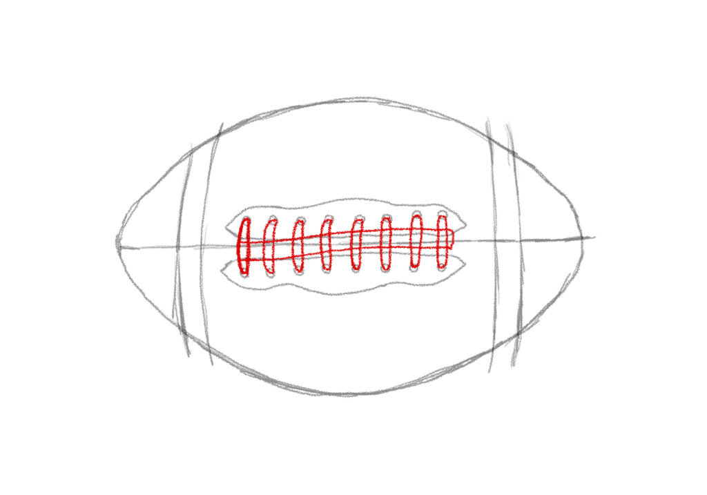 A hand-drawn oval football with a horizontal center line, curved end seams, and red laces.